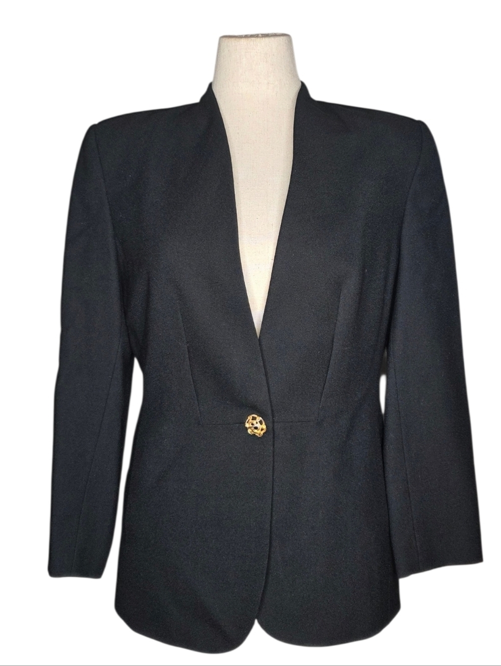Vintage Valerie Stevens Black Wool Blazer Petite 8P Gold Button Career